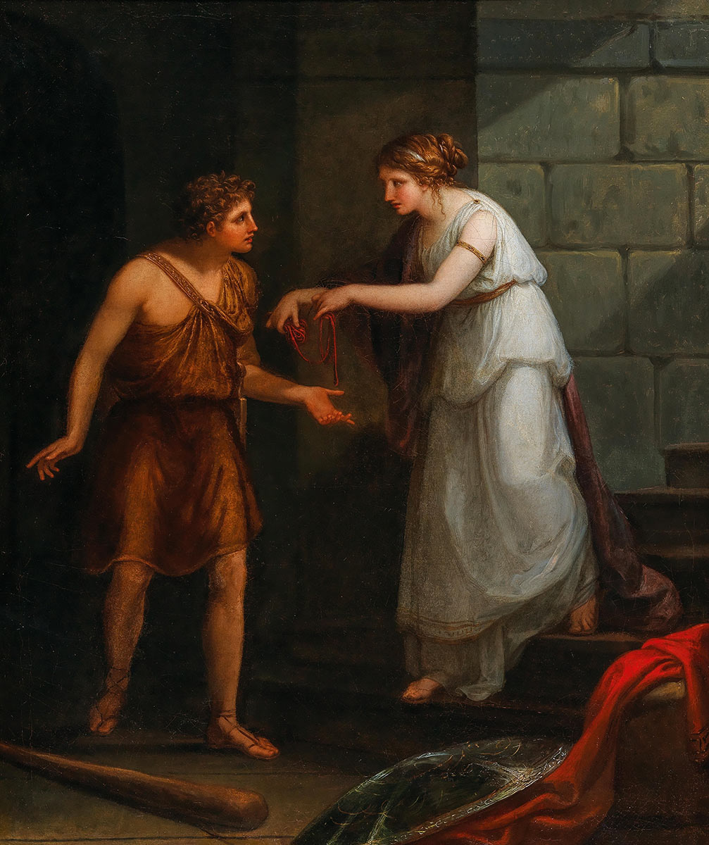 An image of Ariadne giving Theseus the thread to escape the labyrinth